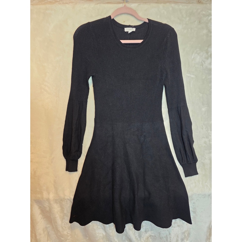 A Loves A Black Ribbed Knit Fit and Flare Dress Long Lantern Sleeve Small